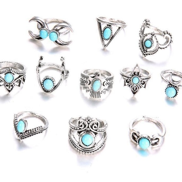 NEW TURQUOISE STACK BOHO VINTAGE STYLE RING SET - Picture 3 of 5